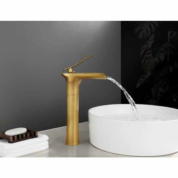 Waterfall Bathroom Sink Mixer Faucet Tall, Mono Wash Basin Single Handle Basin Taps Washroom with Hot and Cold Hose Monobloc Vessel Water Brass Tap Deck Mounted