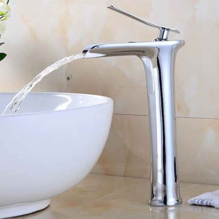 Waterfall Bathroom Sink Mixer Faucet Tall, Mono Wash Basin Single Handle Basin Taps Washroom with Hot and Cold Hose Monobloc Vessel Water Brass Tap Deck Mounted