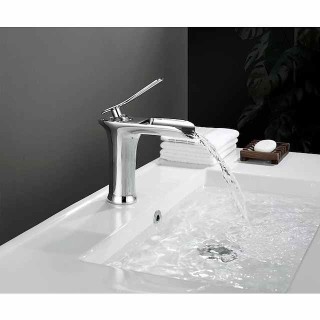 Waterfall Bathroom Sink Mixer Faucet 4.7" Spout, Mono Wash Basin Single Handle Basin Taps Washroom with Hot and Cold Hose, Monobloc Vessel Water Brass Tap Deck Mounted