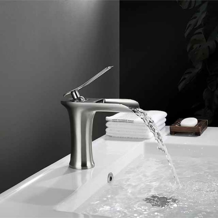 Waterfall Bathroom Sink Mixer Faucet 4.7" Spout, Mono Wash Basin Single Handle Basin Taps Washroom with Hot and Cold Hose, Monobloc Vessel Water Brass Tap Deck Mounted