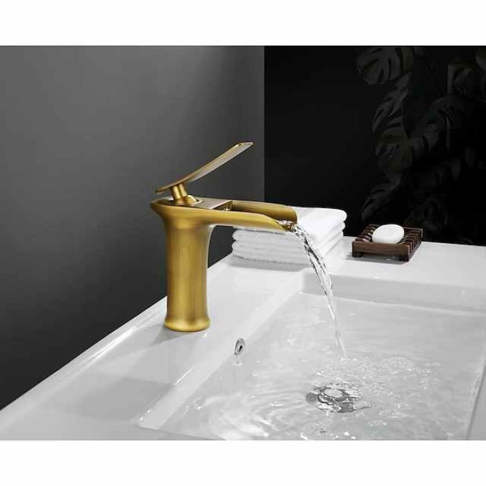 Waterfall Bathroom Sink Mixer Faucet 4.7" Spout, Mono Wash Basin Single Handle Basin Taps Washroom with Hot and Cold Hose, Monobloc Vessel Water Brass Tap Deck Mounted