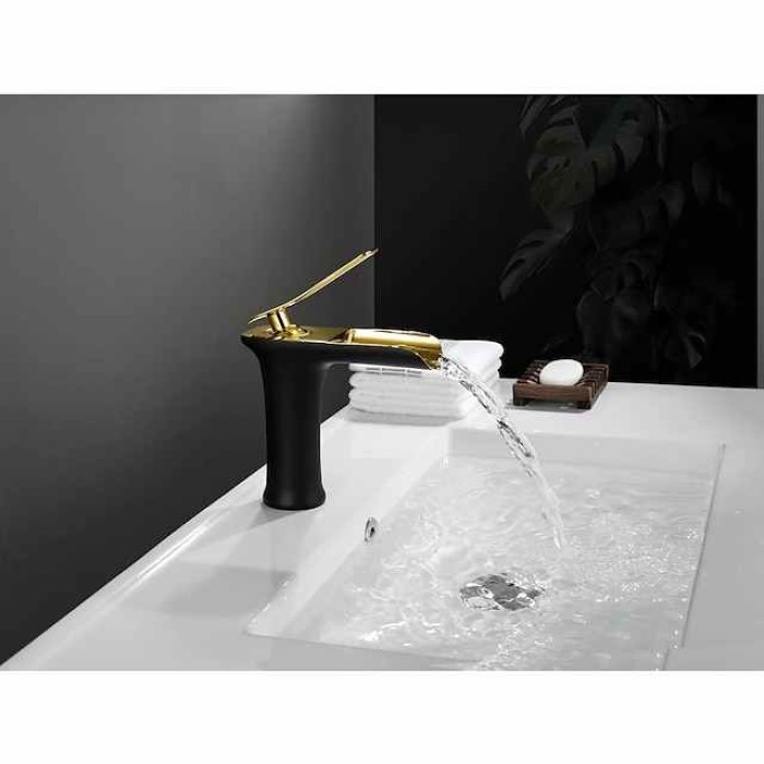 Waterfall Bathroom Sink Mixer Faucet 4.7" Spout, Mono Wash Basin Single Handle Basin Taps Washroom with Hot and Cold Hose, Monobloc Vessel Water Brass Tap Deck Mounted