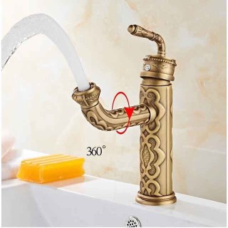 Vintage Bathroom Sink Mixer Faucet, 360 Swivel Spout Retro Monobloc Washroom Basin Taps, Antique Water Tap Single Handle One Hole Deck Mounted with Hot and Cold Hose