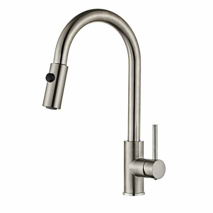 Stainless Steel Kitchen Sink Mixer Faucet with Pull Out Sprayer Grey, 360 Swivel Single Handle High Arc Spring Kitchen Taps Deck Mounted, Single Hole Kitchen Sink Faucet Water Vessel Taps