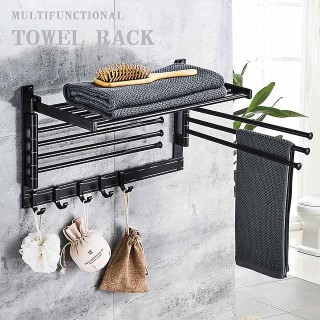 Stainless Steel Towel Rack,Bathroom Towel Rack with Shelf,Foldable Towel Shelf with Movable Hooks Rustproof Towel Storage Wall Mount for Bathroom Lavatory Matte Black