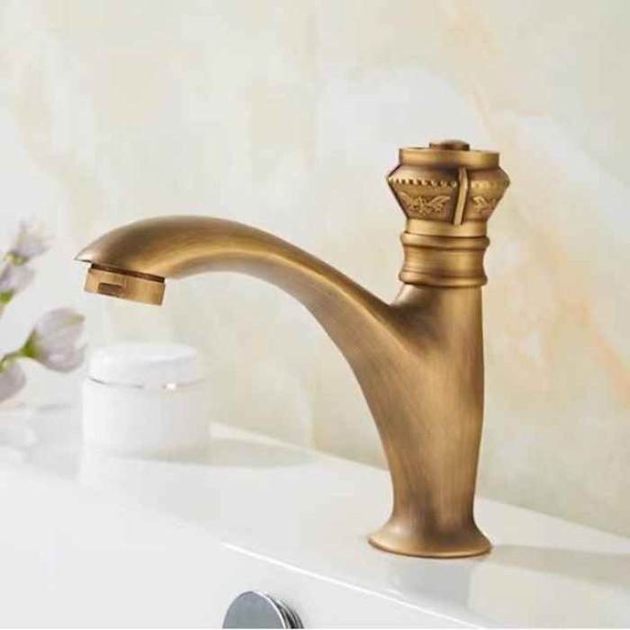 Vintage Bathroom Sink Faucet Cold Water Only, Monobloc Washroom Basin Taps Single Handle One Hole Deck Mounted Retro Antique Style