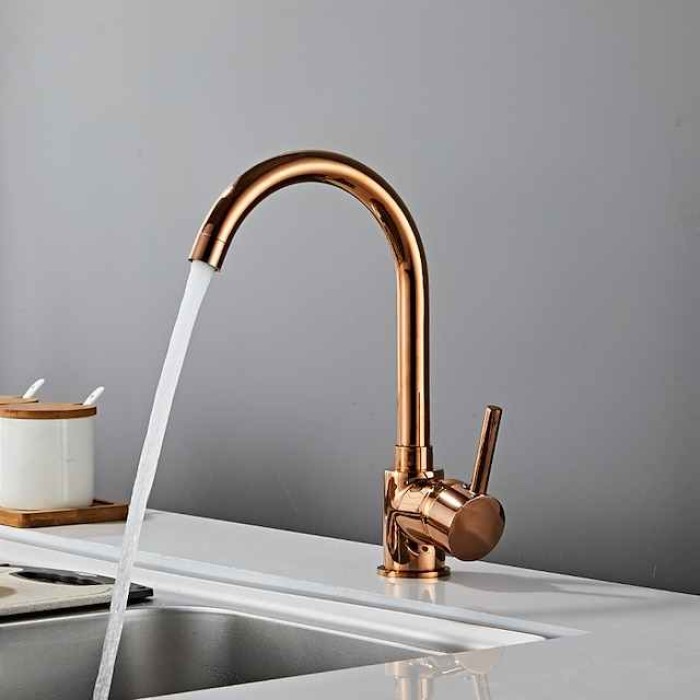 Kitchen Sink Mixer Faucet 360 Swivel, Single Handle Kitchen Taps Deck Mounted, One Hole Brass Kitchen Sink Faucet Water Vessel Taps with Hot Cold Hose Chrome Black Rose Golden