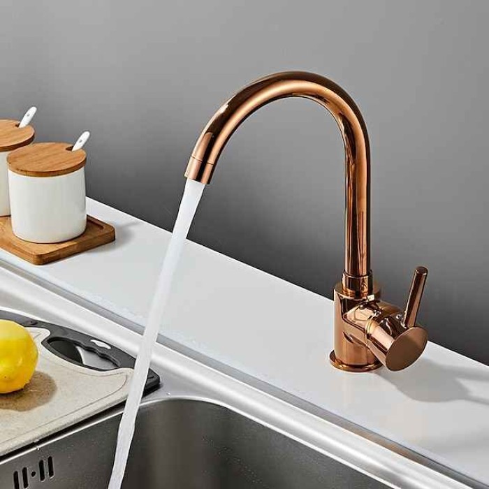 Kitchen Sink Mixer Faucet 360 Swivel, Single Handle Kitchen Taps Deck Mounted, One Hole Brass Kitchen Sink Faucet Water Vessel Taps with Hot Cold Hose Chrome Black Rose Golden