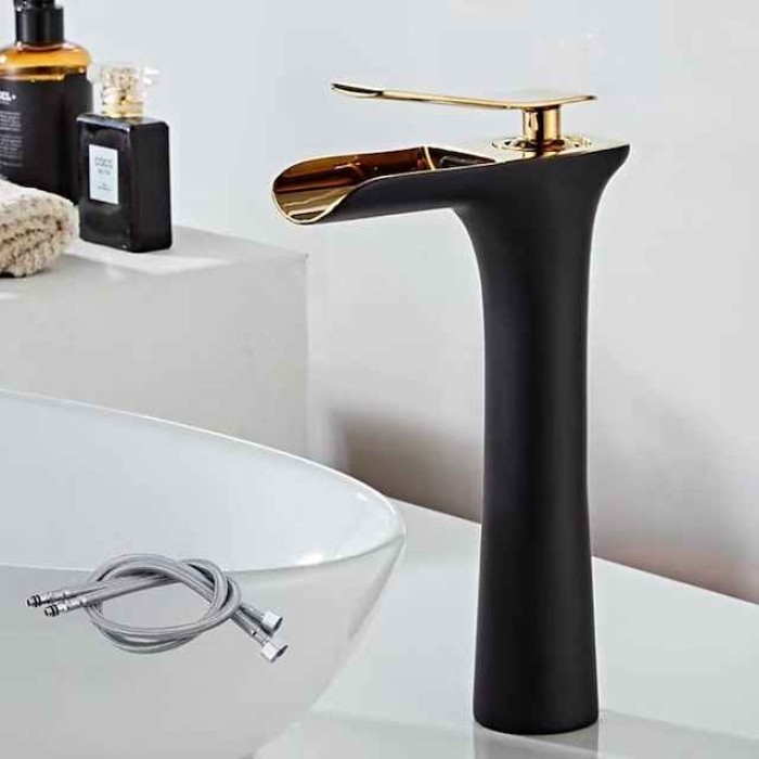 Waterfall Bathroom Sink Mixer Faucet Tall, Mono Wash Basin Single Handle Basin Taps Washroom with Hot and Cold Hose Monobloc Vessel Water Brass Tap Deck Mounted Grey Black Golden