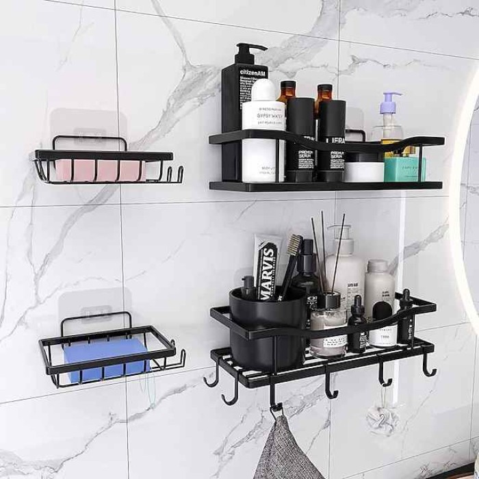 Shower Storage, 2pcs Adhesive Shower Rack, Shower Shelf, No Drilling Rustproof Stainless Steel Shower Organizer For Inside Shower & Kitchen Storage (Matte Black)