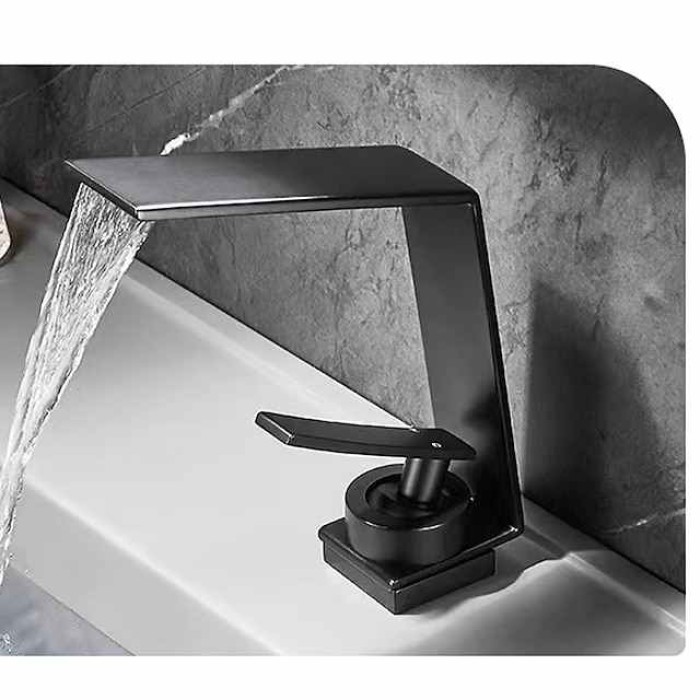 Waterfall Bathroom Sink Mixer Faucet, Basin Taps Mono Wash Basin Single Handle Washroom Tap with Hot and Cold Hose, Monobloc Vessel Water Brass Tap Deck Mounted