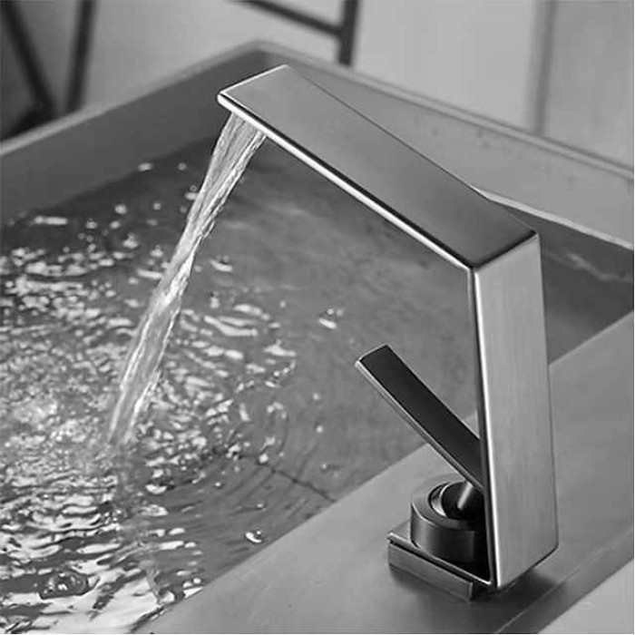 Waterfall Bathroom Sink Mixer Faucet, Basin Taps Mono Wash Basin Single Handle Washroom Tap with Hot and Cold Hose, Monobloc Vessel Water Brass Tap Deck Mounted