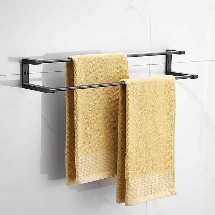 Towel Rack Wall Mounted,Double Layers Misalignment Bathroom Towel Holder,Space Aluminum Towel Rail for Bathroom Hotel Kitchen 60cm (Gray/Black))