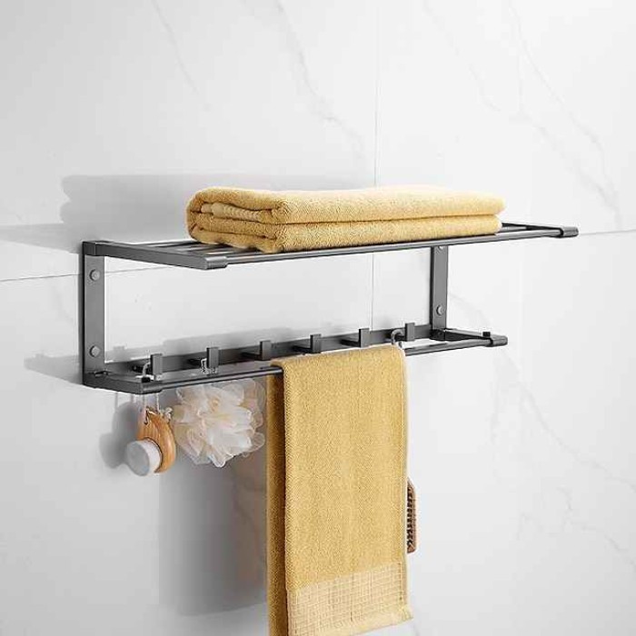 Towel Rack with Towel Bar Holder Aluminum Foldable Towel Shelf with Movable Hooks Rustproof Towel Storage Wall Mount for Bathroom Lavatory Gray/Matte Black