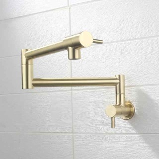 Pot Filler Bathroom Faucet Only Cold Water Stainless Steel, Brushed Golden Foldable Sink Wall Mount Folding Fill Pot Basin Tap Double Joint Swing Arm Single Hole 2 Handle