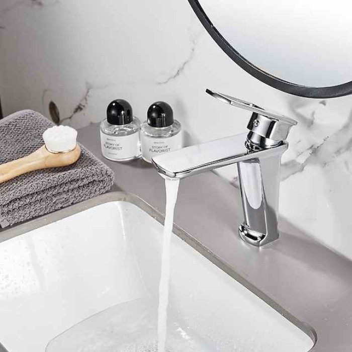 Bathroom Sink Mixer Faucet, Monobloc Washroom Basin Taps Single Handle One Hole Deck Mounted with Hot and Cold Hose