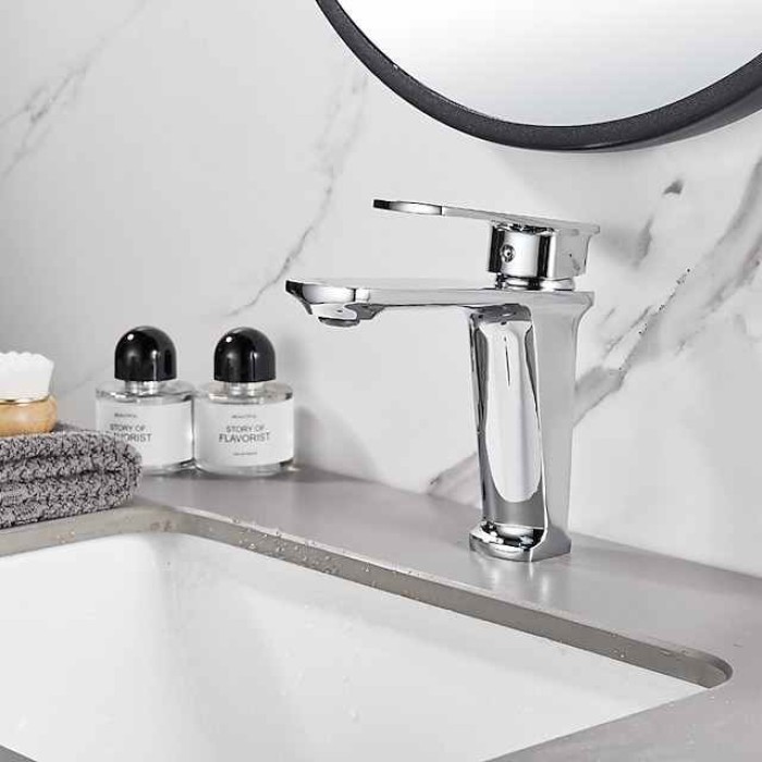 Bathroom Sink Mixer Faucet, Monobloc Washroom Basin Taps Single Handle One Hole Deck Mounted with Hot and Cold Hose