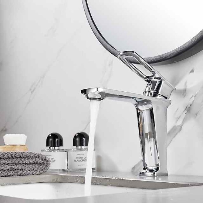 Bathroom Sink Mixer Faucet, Monobloc Washroom Basin Taps Single Handle One Hole Deck Mounted with Hot and Cold Hose