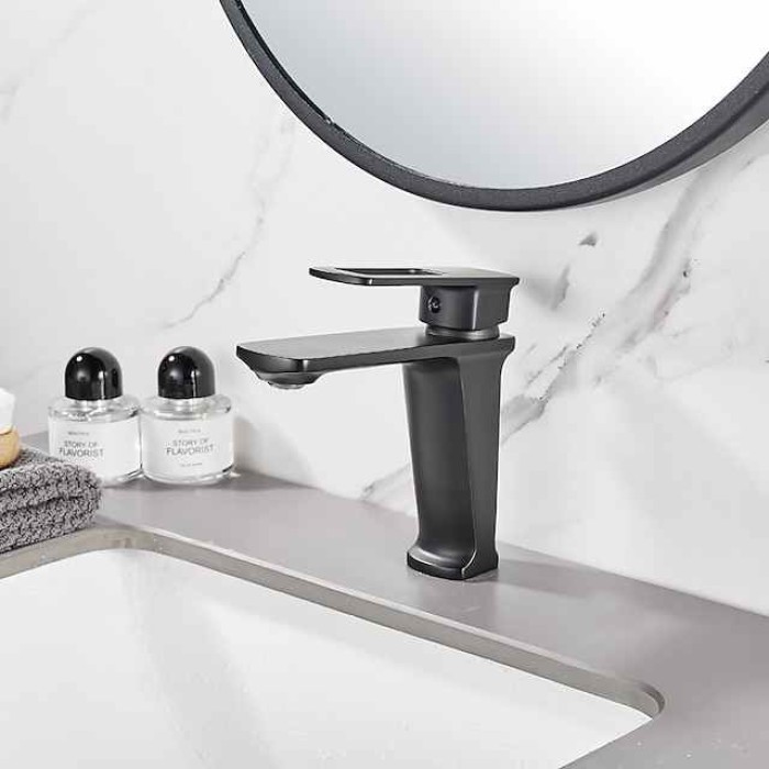 Bathroom Sink Mixer Faucet, Monobloc Washroom Basin Taps Single Handle One Hole Deck Mounted with Hot and Cold Hose