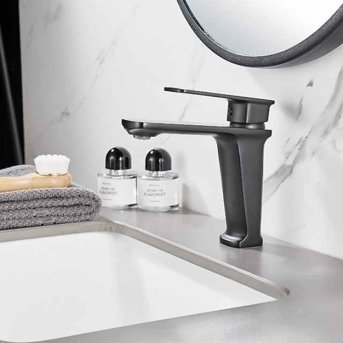 Bathroom Sink Mixer Faucet, Monobloc Washroom Basin Taps Single Handle One Hole Deck Mounted with Hot and Cold Hose