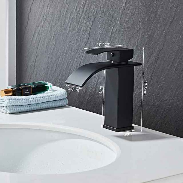 Waterfall Bathroom Sink Mixer Faucet, Washroom Mono Basin Taps Single Handle Deck Mounted Chrome Black Brushed, with Cold and Hot Hose Monobloc Water Tap