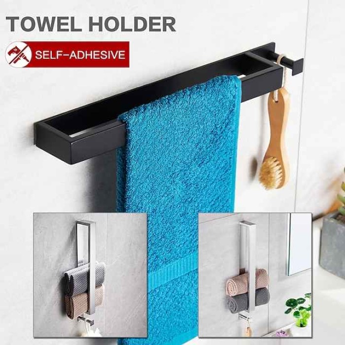 Adhesive Towel Bar with Hook, SUS304 Stainless Steel Hand Towel Holder for Bathroom, Towel Rack for Rolled Towels 40cm