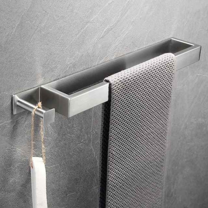 Adhesive Towel Bar with Hook, SUS304 Stainless Steel Hand Towel Holder for Bathroom, Towel Rack for Rolled Towels 40cm