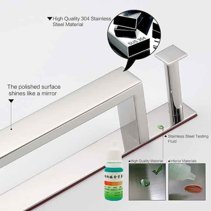 Adhesive Towel Bar with Hook, SUS304 Stainless Steel Hand Towel Holder for Bathroom, Towel Rack for Rolled Towels 40cm