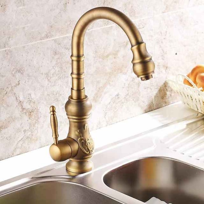 Traditional Kitchen Sink Mixer Faucet Swivel Spout Rotates 360°, Retro Style Single Handle Kitchen Taps Deck Mounted, One Hole Brass Vintage Water Vessel Taps