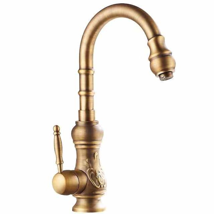 Traditional Kitchen Sink Mixer Faucet Swivel Spout Rotates 360°, Retro Style Single Handle Kitchen Taps Deck Mounted, One Hole Brass Vintage Water Vessel Taps