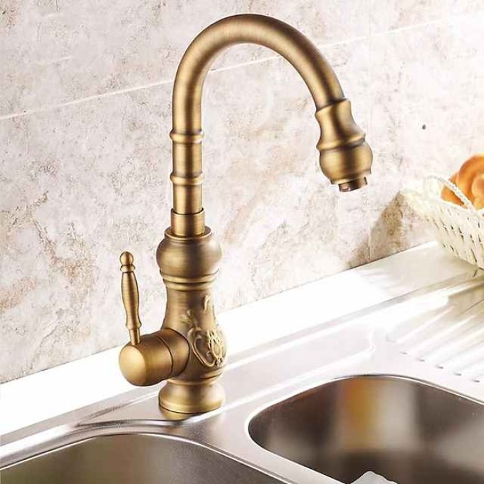 Traditional Kitchen Sink Mixer Faucet Swivel Spout Rotates 360°, Retro Style Single Handle Kitchen Taps Deck Mounted, One Hole Brass Vintage Water Vessel Taps