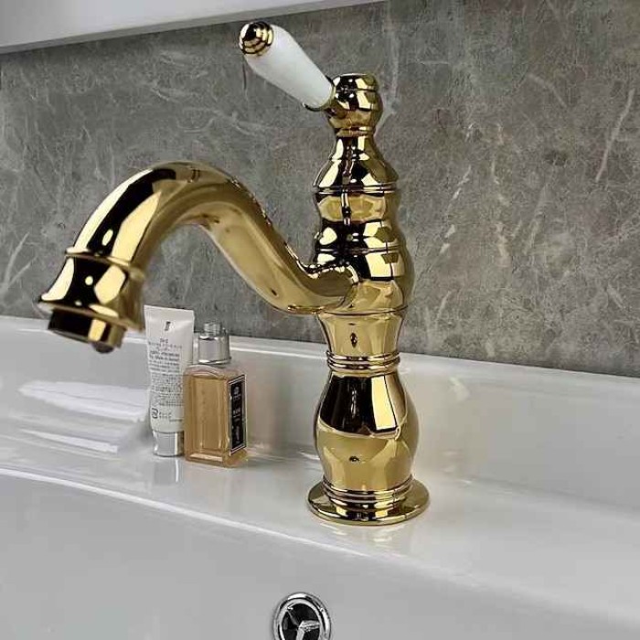 Bathroom Faucet Sink Mixer Basin Taps Deck Mounted, Washroom Vessel Water Brass Tap Single Handle One Hole Golden Chrome