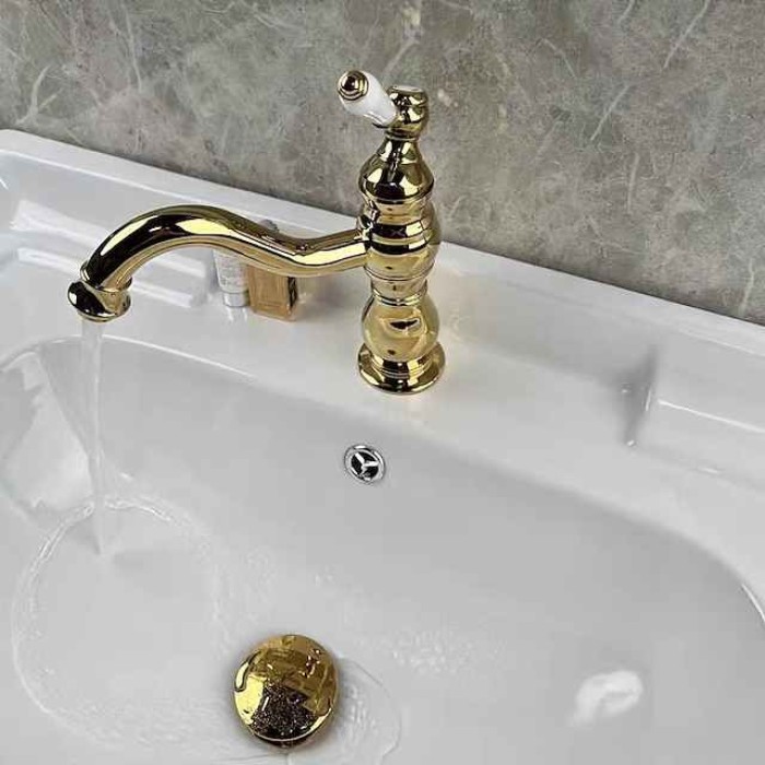 Bathroom Faucet Sink Mixer Basin Taps Deck Mounted, Washroom Vessel Water Brass Tap Single Handle One Hole Golden Chrome