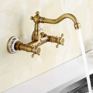 Vintage Brass Bathtub Faucet Wall Mounted Dual Handle Bath Tub Taps, Bathroom Mixer Tap, with Cold and Hot Hose