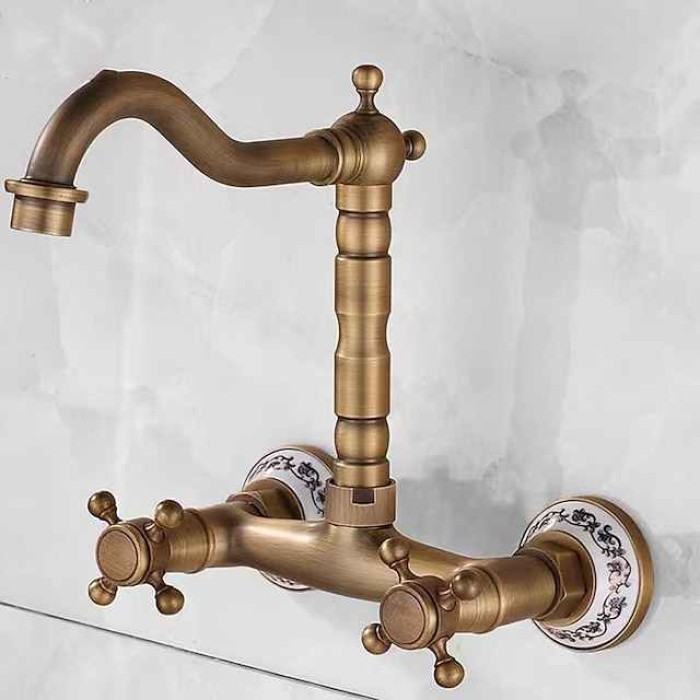 Vintage Brass Bathtub Faucet Wall Mounted Dual Handle Bath Tub Taps, Bathroom Mixer Tap, with Cold and Hot Hose