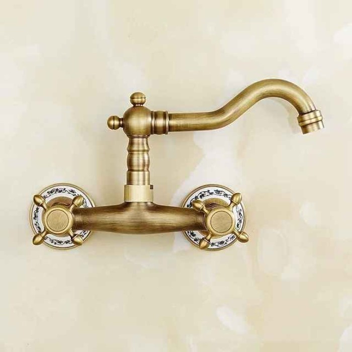 Vintage Brass Bathtub Faucet Wall Mounted Dual Handle Bath Tub Taps, Bathroom Mixer Tap, with Cold and Hot Hose