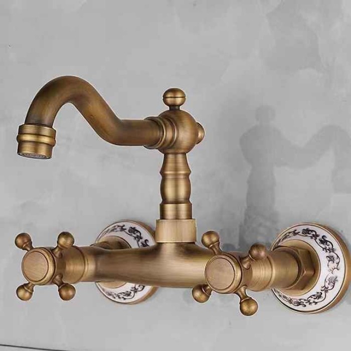 Vintage Brass Bathtub Faucet Wall Mounted Dual Handle Bath Tub Taps, Bathroom Mixer Tap, with Cold and Hot Hose