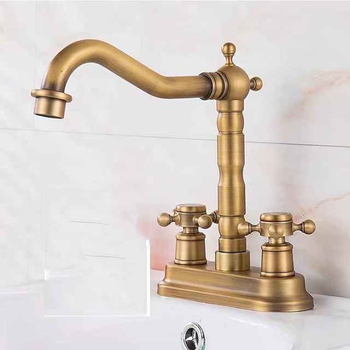 Bathroom Faucet Sink Mixer Basin Taps Deck Mounted, Vintage Style Twin Handle Rotating, Washroom 2 Hole Brushed Brass Tap with Cold and Hot Hose