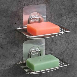 2pcs Stainless Steel Soap Dish Holder Self Adhesive Wall Mounted Soap Sponge Holder Soap Saver Rack For Home Kitchen Bathroom Shower Bathroom Accessories