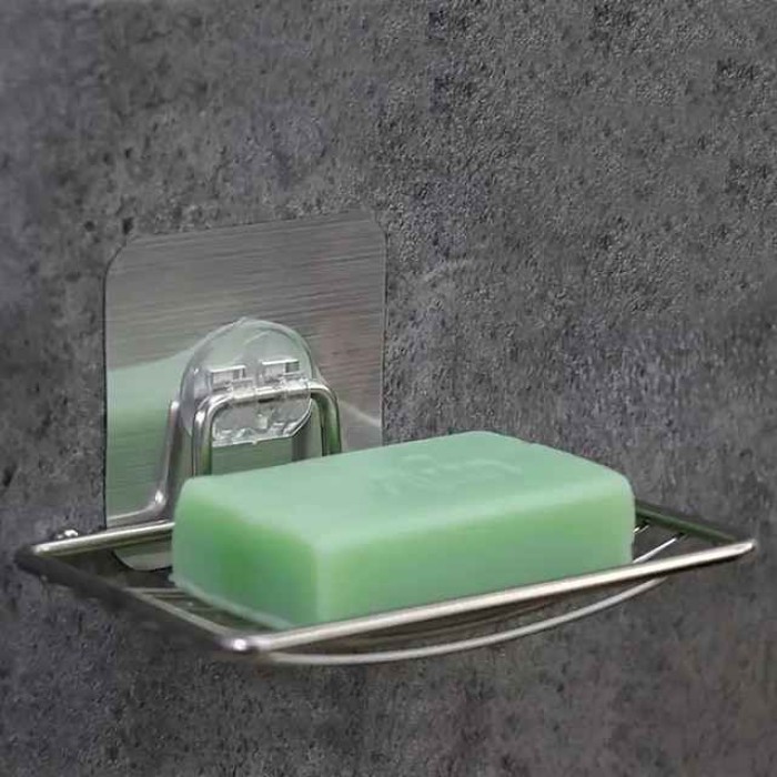 2pcs Stainless Steel Soap Dish Holder Self Adhesive Wall Mounted Soap Sponge Holder Soap Saver Rack For Home Kitchen Bathroom Shower Bathroom Accessories