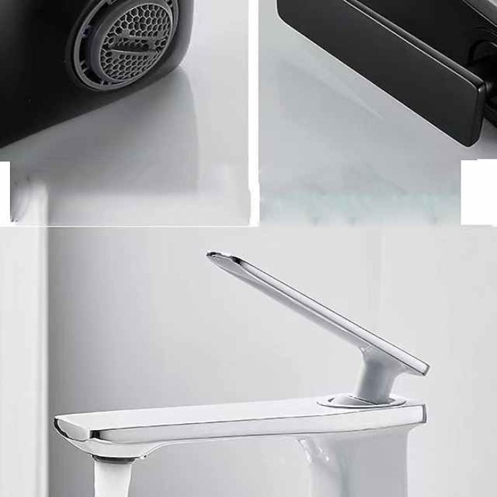 Bathroom Faucet Sink Mixer Basin Taps Deck Mounted, Monobloc Single Handle Cermaic Valve Washroom Taps with Cold and Hot Hose Black Golden White Chrome