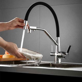 Kitchen Faucet Pull Down Spray Head, Purified Water Dual Spout Taps Sink Mixer Deck Mounted,  360 Rotating Twin Handle High Arc Flexible Tube Vessel Brass Tap