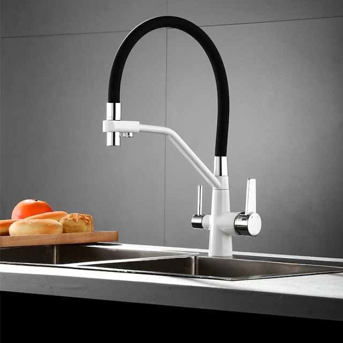 Kitchen Faucet Pull Down Spray Head, Purified Water Dual Spout Taps Sink Mixer Deck Mounted,  360 Rotating Twin Handle High Arc Flexible Tube Vessel Brass Tap