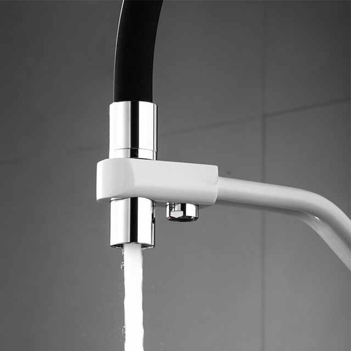 Kitchen Faucet Pull Down Spray Head, Purified Water Dual Spout Taps Sink Mixer Deck Mounted,  360 Rotating Twin Handle High Arc Flexible Tube Vessel Brass Tap