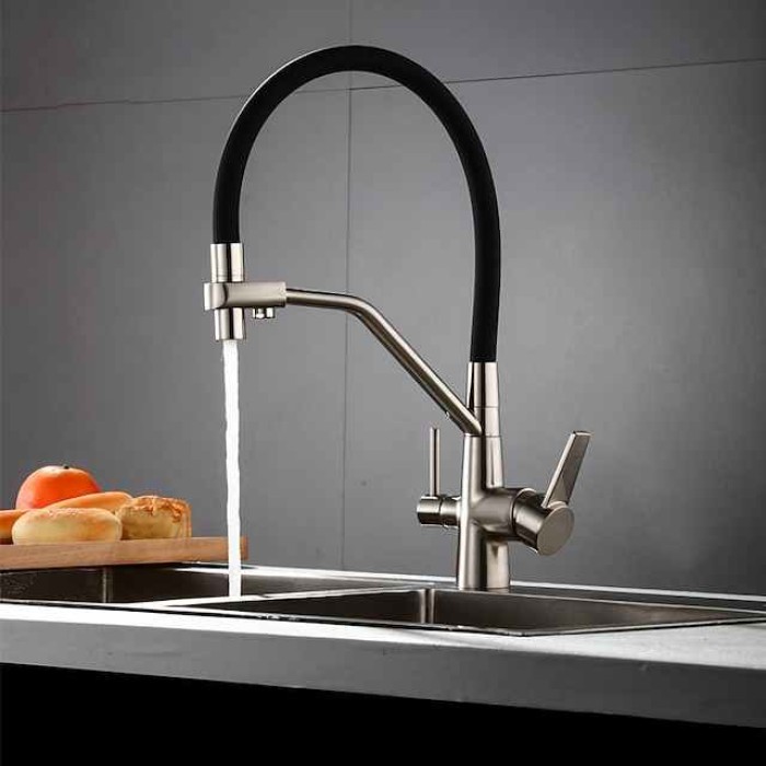 Kitchen Faucet Pull Down Spray Head, Purified Water Dual Spout Taps Sink Mixer Deck Mounted,  360 Rotating Twin Handle High Arc Flexible Tube Vessel Brass Tap