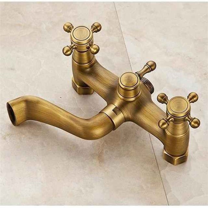 Traditional Shower System Faucet Set with Bathtub Spout with Heldhand Handshower Spray, Vintage Brass Dual Spout Wall Mounted Ceramic Mixer Valve