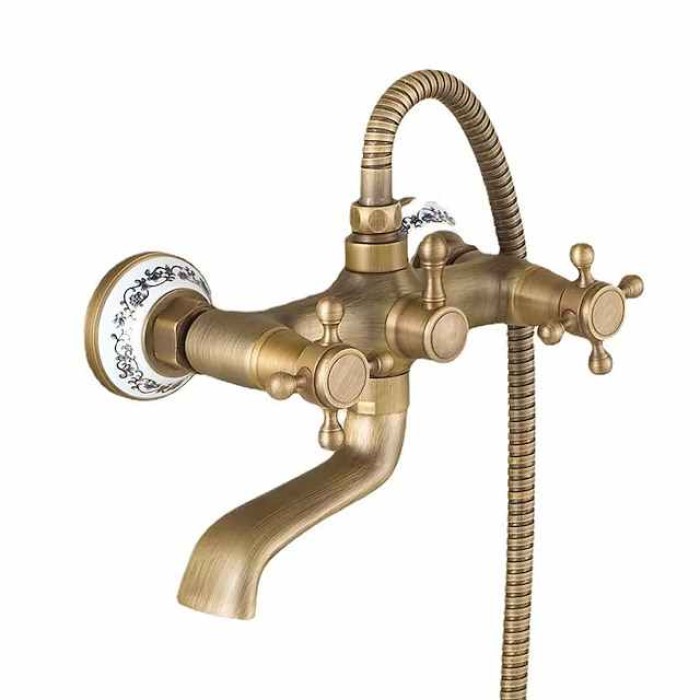 Traditional Shower System Faucet Set with Bathtub Spout with Heldhand Handshower Spray, Vintage Brass Dual Spout Wall Mounted Ceramic Mixer Valve