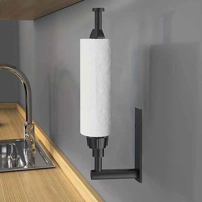 1pc, Paper Towel Holder, Punch Free Under Cabinet Wall Mount Paper Towel Holders With Damping, Matte Black Kitchen Under Counter Hanging Paper Towels Rack With Adhesive