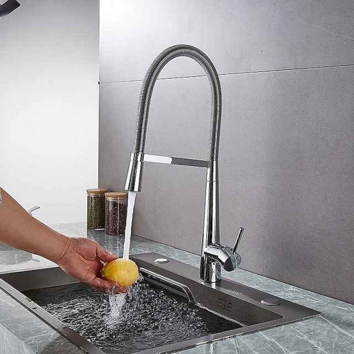 Kitchen Faucet Pull Down Sink Mixer Taps, High Arc Spring Vessel Brass Taps, Single Handle Swivel Spout 2 Mode with Hot and Cold Water Hose