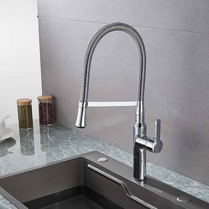 Kitchen Faucet Pull Down Sink Mixer Taps, High Arc Spring Vessel Brass Taps, Single Handle Swivel Spout 2 Mode with Hot and Cold Water Hose